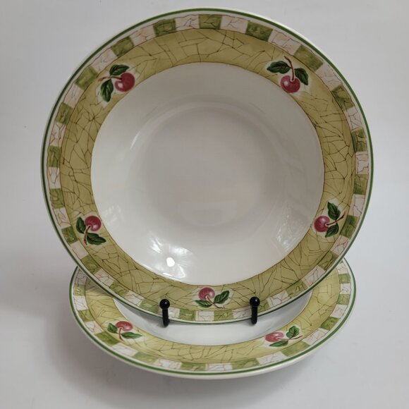 TWO Coventry Decoupage Rim Soup Bowls Fruit & Leaves Green Checks on Rim - Picture 1 of 14